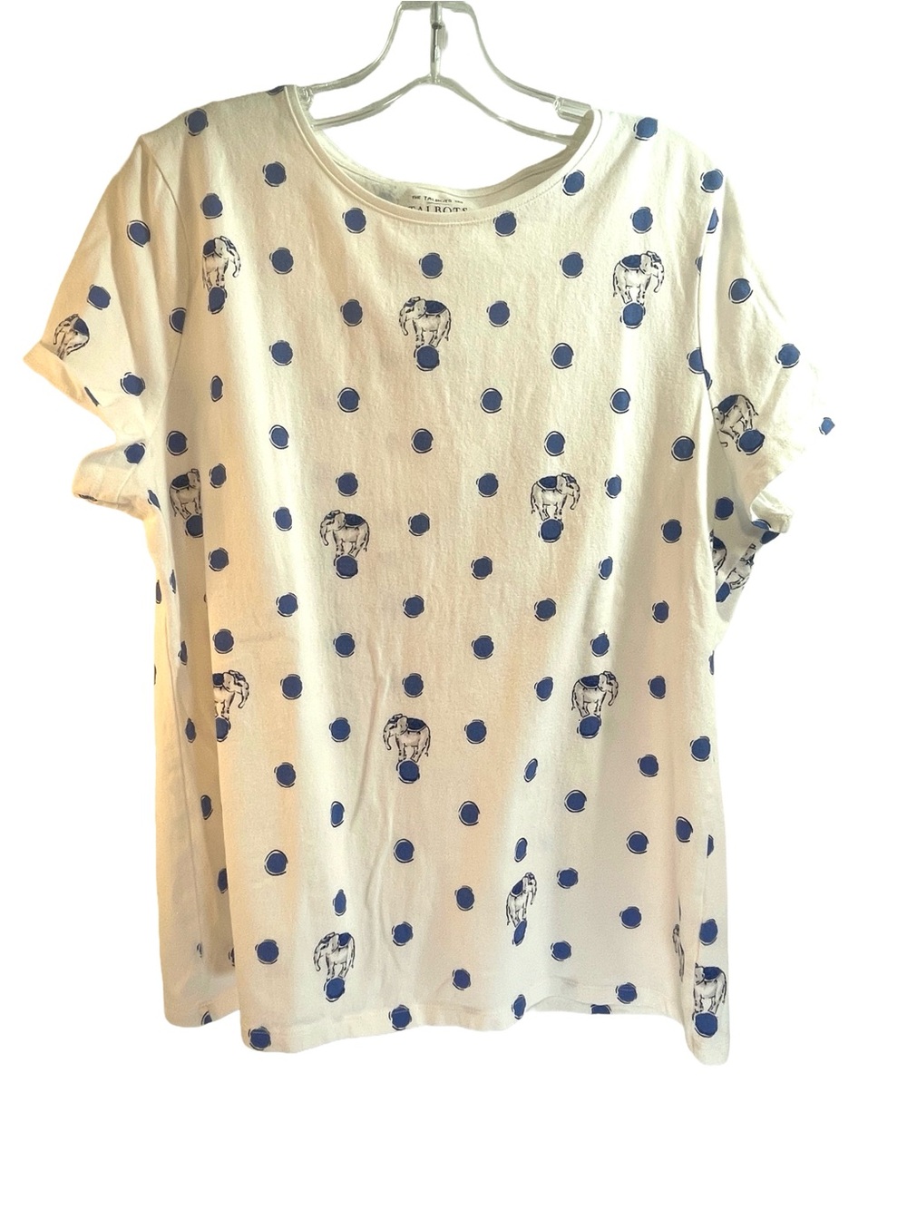 Talbots White Tee with Navy Polka Dots & Elephants Women’s Size XL